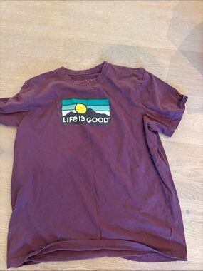 Life Is Good Plum Tee with Teal & Yellow Sunset Graphic